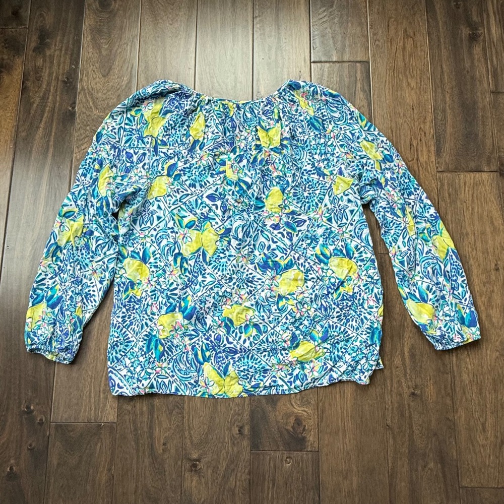 Lilly Pulitzer Blouse Womens L Blue Yellow Lemon Print EUC Long Sleeve Coastal - Picture 6 of 7